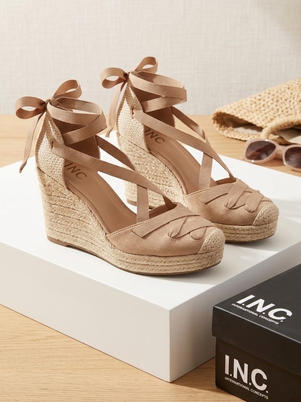INC International Concepts Beige Espadrille Wedge Sandals with Ankle Tie